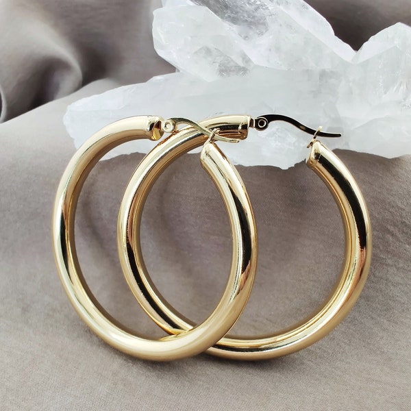 50MM Large Chunky Gold Hoop Earrings, Surgical Steel Thick Hoops, Oversized Gold Hoop Earrings