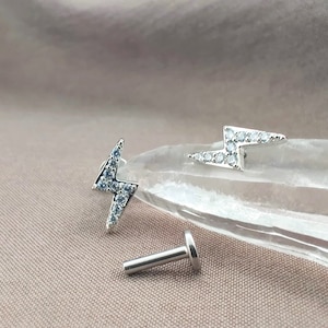 16G CZ PAIR Lightning Bolt Cartilage Earrings, Thunder Helix Studs, Cubic Zirconia Conch, Tragus Stud Earring, Labret Stud