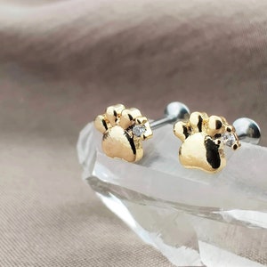 PAIR Gold CZ Tiny Paw Print Threadless Cartilage, Helix Stud Earrings, Tragus Studs, Labret Stud