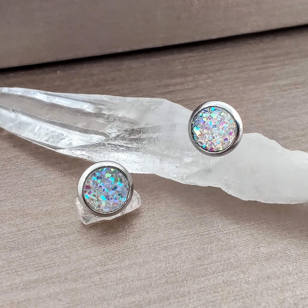 White Rainbow Druzy  Earrings Stud, Sparkly Druzy Surgical Steel Jewelry,  10MM Minimalist Iridescent Faux Drusy Studs Gift