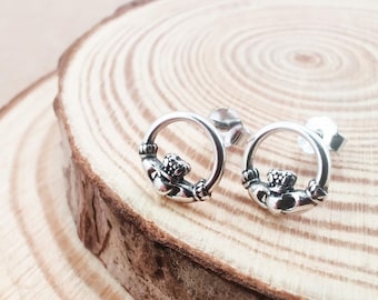 Claddagh Silver Stud Earrings, Irish Love 925 Sterling Silver Earrings, Dainty Post Stud Silver Earrings, Irish Symbol Jewelry Gift