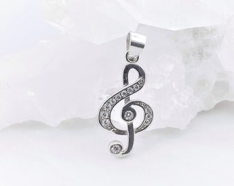 Music Note Cubic Zirconia Silver Pendant Necklace, Treble Clef Note CZ 925 Sterling Silver Jewelry, Crystal Music Lover's Jewelry Gift