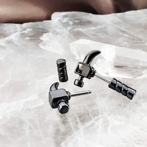 16G Gunmetal Claw Hammer Cartilage Earrings, Tragus Barbell Studs, Cool Edgy Helix Earring Studs, Fun Tool Men's Earrings