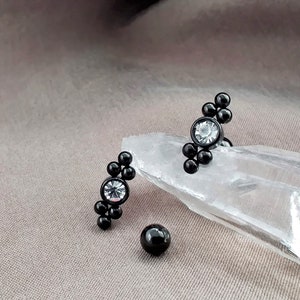 16G CZ PAIR Black Beaded Balls Cartilage Earrings, Surgical Steel Studs, Boho Screw On Stud Earrings