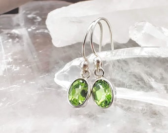 Natural Peridot Dainty Oval Silver Drop Earrings, 925 Sterling Silver Gemstones Dangling Earrings, Minimalist August Birthstone Gift