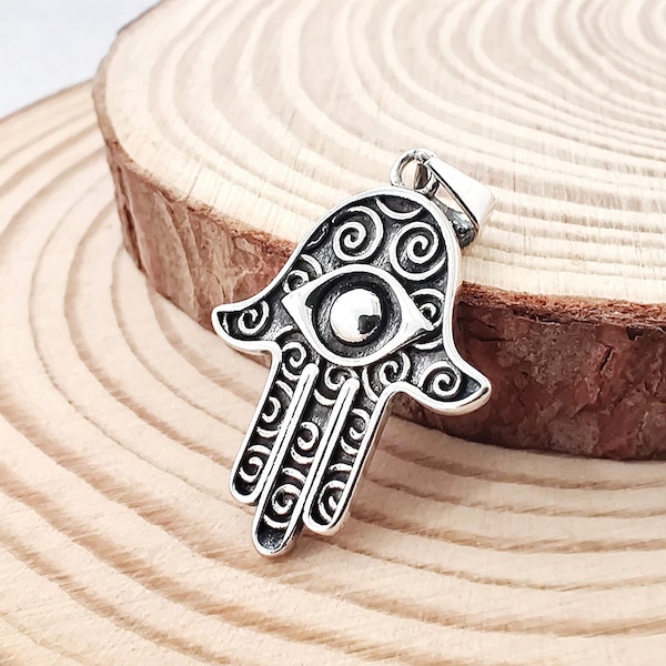 Swirls Hamsa Hand & Evil Eye Silver Charm Pendant, Protection 925 Sterling Silver Necklace, Hand of God Spiritual Jewelry Gift