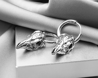 Cow Skull Charm Hoop Earrings Unique Animal Skeleton Earrings Dark Academia Gothic Gift for Him Western Rodeo Jewelry Animal Skull Earrings