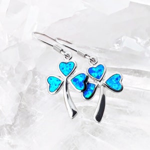 Clover Leaf Blue Opal Silver Drop Earrings, Lab-Created Opal 925 Sterling Silver Jewelry, Shamrock Leaf Stone Silver Earrings