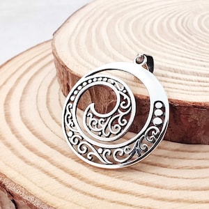 Large Boho Ocean Wave Silver Pendant Necklace, Summer Beach 925 Sterling Silver Necklace, Hawaiian Spiral Jewelry Gift for Men