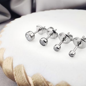 Minimalist CZ Bezel Titanium Stud Earrings, Implant Grade Hypoallergenic Titanium Cubic Zirconia Studs, Simple Crystal Post Stud Earrings