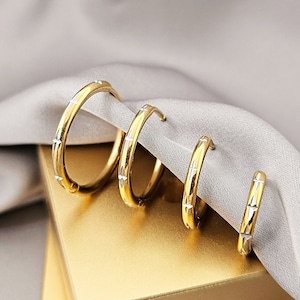 Two-Tone Gold & Silver Stars Hoop Earrings, 316L Surgical Steel Celestial Earrings, Diamond Cut Small North Stars Gold Hoops Jewelry Gift
