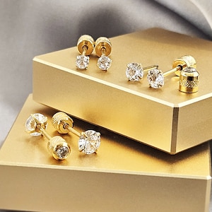 20G Tiny Reversible 2 in 1 CZ Gold Stud Earrings, Surgical Steel Jewelry, Cubic Zirconia Gold Screw Back Cartilage Studs Jewelry Gift