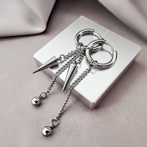 Hinged Hoop Earrings with Ball & Cone Charms, Convertible 4 in 1 Charm Hoop Earrings, Surgical Steel Edgy Hoop Earrings Chain Charms