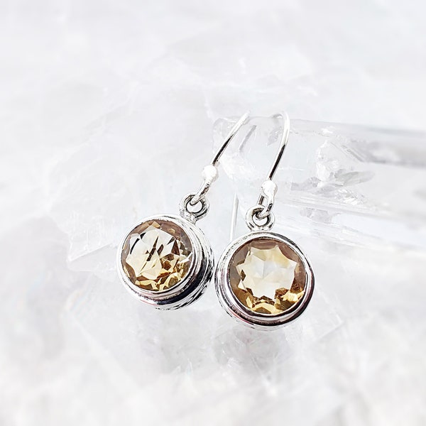 Natural Citrine Round Silver Filigree Trim Drop Earrings, 925 Sterling Silver Gemstone Jewelry, November Birthstone Silver Gift for Mom