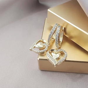 Gold CZ Heart Charm Hoop Earrings, Pave Cubic Zirconia Heart Dangle Huggie Hoops, Cute Heart Crystals Huggies Earrings