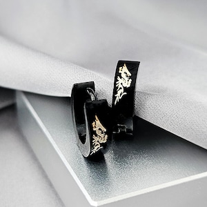 Black & Silver Dragon Huggie Hoops Earrings, Surgical Steel Small Huggies Hoops, Cool Gothic Black Hoop Earrings for Men