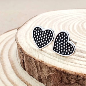 Heart Dotted Silver Stud Earrings, Boho Heart 925 Sterling Silver Earrings, Post Stud Silver Earrings, Cute Love Silver Studs Gift