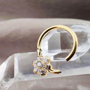 Titanium CZ Flower Gold Hoop Cartilage, 18G Implant Grade Titanium Helix Earrings, Tiny Flower Crystals Segment Hoop Ring