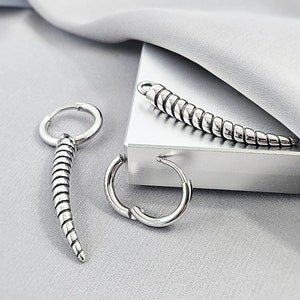 Long Horn Charm Small Hoop Earrings, 2 in 1 Removable Surgical Steel Dangle Drop Hoop Earrings, Cool Edgy Emo Grunge Jewelry Gift for Men