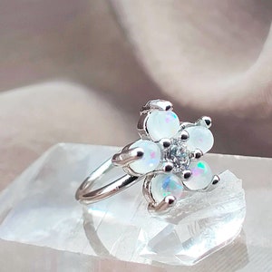 20G Flower White Opal Bendable Hoop Cartilage, Helix Hoop Earrings, Hoop Segment Ring, Opal Septum Ring, Nose Ring