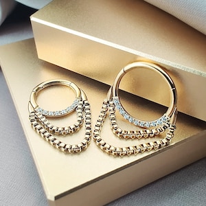 16G Gold CZ Double Chains Hoop Cartilage, 316L Surgical Steel Cubic Zirconia Segment Nose Hoop Ring, Crystals Hinged Ring Hoop Cartilage