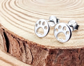 Round Disk Paw Print Silver Stud Earrings, Pet Lover 925 Sterling Silver Post Studs, Quirky Paws Silver Jewelry Gift