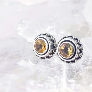 Natural Citrine Boho Sun Silver Stud Earrings, Golden Gemstone Round Beaded 925 Sterling Silver Post Studs, November Birthstone Jewelry Gift