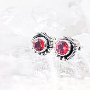 Natural Garnet Beads & Spiral Silver Stud Earrings, Small Boho Gemstones 925 Sterling Silver Studs, Unique Birthstone Post Earrings