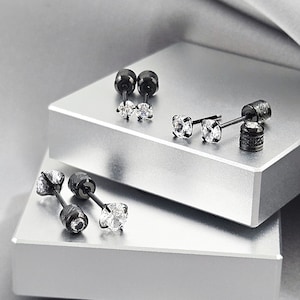 20G Tiny Reversible 2 in 1 CZ Black Stud Earrings, Surgical Steel Cartilage Stud Jewelry, Minimalist Cubic Zirconia Screw Back Studs