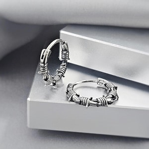 Barbed Wire Small Steel Hoop Earrings, Cool Edgy Emo Gothic Hoop Earrings for Men, Surgical Steel Boho Grunge Punk Jewelry Gift for Him