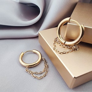 Small Gold Hoop Double Chains Earrings, 316L Surgical Steel Hoop Earrings, Edgy Minimalist Hoop Earrings