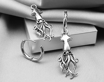 Squid Charm Hoop Earrings Surgical Steel Sea Creature Animal Jewelry Black CZ Eyes Quirky Funny Small Hoop Removable Charm Gift
