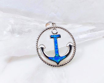 Anchor Blue Opal Silver Pendant, Lab-Created Opal 925 Sterling Silver Necklace, October Birthstone Jewelry, US Navy Seal Jewelry Gift