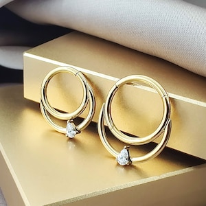 Titan Gold Teardrop CZ Doppel Hoop Knorpel, 16G Implant Grade Zirkonia Segment Nase Hoop Ring, Gold Daith Knorpel Hoop