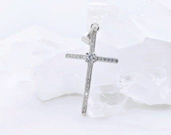 Classic CZ Pave Cross Silver Pendant Necklace,Dainty Cross Cubic Zirconia 925 Sterling Silver Jewelry,Christian Religious Cross Jewelry Gift