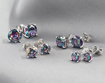 Classic Round Mystic Topaz Silver Stud Earrings, Rainbow CZ 925 Sterling Silver Earrings, Minimalist Crystal Stud Earrings Jewelry Gift