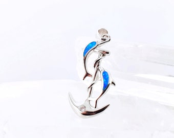 Dolphins & Anchor Blue Opal Silver Pendant, Lab-Created Fire Opal 925 Sterling Silver Necklace, Hawaiian Animal Silver Jewelry Gift