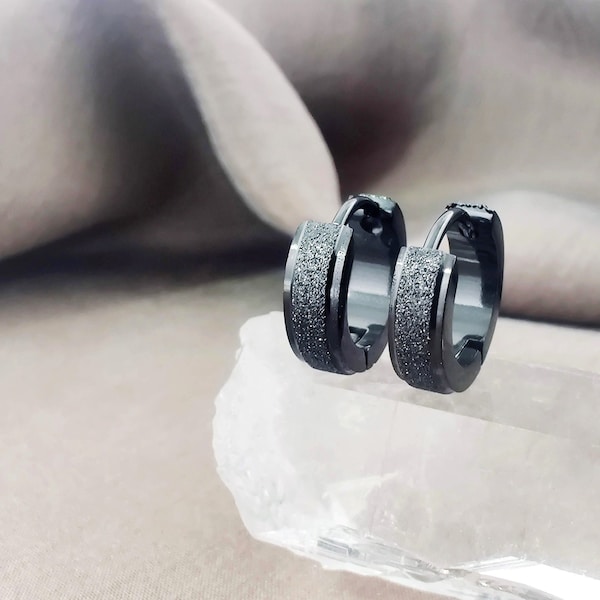 4MM Matte Shimmer Black Hoop Huggies Earrings, Minimalist Surgical Steel Huggies Earrings, Unisex Cool Edgy Earrings