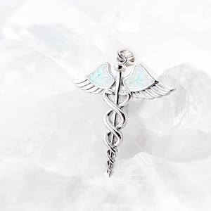 Caduceus White Opal Silver Pendant Necklace, Lab-Created Opal 925 Sterling Silver Jewelry, Medical Student Silver Jewelry Gift