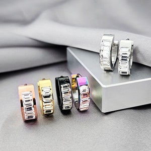 Rectangular Baguette CZs Huggies Hoop Earrings, Emerald Cut Crystals Rose-Gold Yellow-Gold Rainbow Black Silver Hoops,Surgical Steel Jewelry