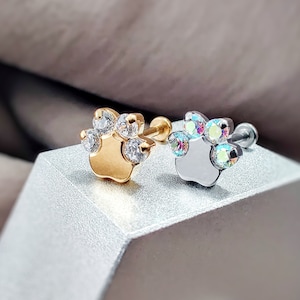 PAIR Titanium Sparkly Paw Print Rainbow CZ Cartilage Studs, 18G Implant Grade Dog Print Helix Earrings, Threadless Push In Labret Stud