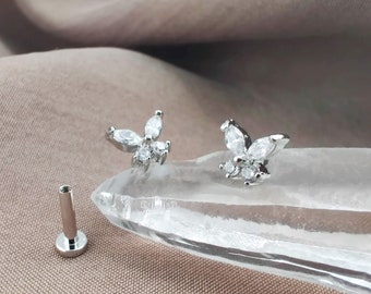 16G CZ PAIR Tiny Butterfly Cartilage Earrings, Tragus Stud Earrings, Cubic Zirconia Conch Stud, Butterfly Helix Earring
