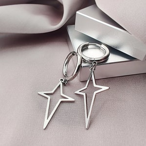 Cross Star Drop Huggie Hoop Earrings, North Star Surgical Steel Earrings, Celestial Hoop Dangle Earrings Gift
