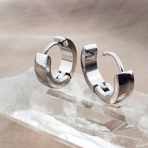 Basic Silver Hoop Huggies Steel Earrings Minimalist Surgical Etsy