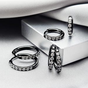 Sparkly Black Huggie Hoop Earrings Crystals Dainty Minimalist Hoops Cz Surgical Steel Black Cartilage Hoop Cool Black Earring Jewelry Gift