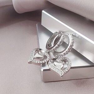 CZ Heart Charm Hoop Earrings, Pave Cubic Zirconia Heart Dangle Huggie Hoops, Cute Heart Crystals Huggies Earrings