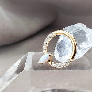 Titanium White Opal Marquise & CZ Gold Hoop Cartilage Earrings, 16G Implant Grade Helix Hoop Ring, Fire Opal Hinge Hoop Cartilage Ring