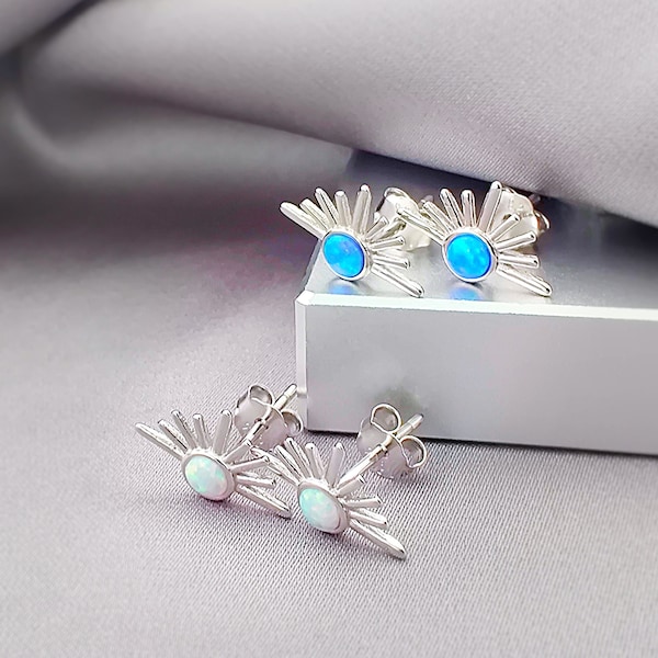 Sunrise Opal Silver Stud Earrings, Lab-Created Opal 925 Sterling Silver Jewelry, October Birthstone Sun Silver Jewelry Gift