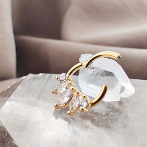 16G Gold Marquise CZ Hoop Cartilage Earrings, Surgical Steel Conch Earring, Hinge Hoop Septum Ring