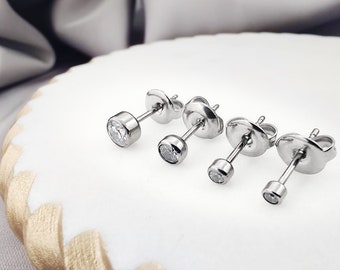 Minimalist CZ Bezel Titanium Stud Earrings, Implant Grade Hypoallergenic Titanium Cubic Zirconia Studs, Simple Crystal Post Stud Earrings